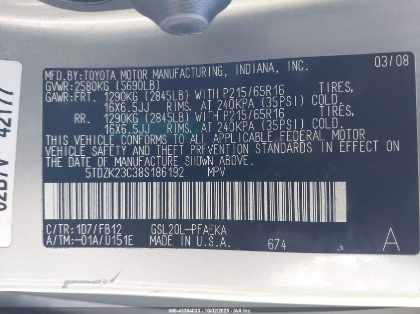 2008 Toyota Sienna Ce VIN: 5TDZK23C38S186192 Lot: 43364033