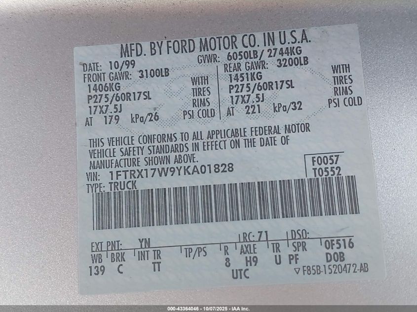 2000 Ford F-150 Lariat/Work Series/Xl/Xlt VIN: 1FTRX17W9YKA01828 Lot: 43364046