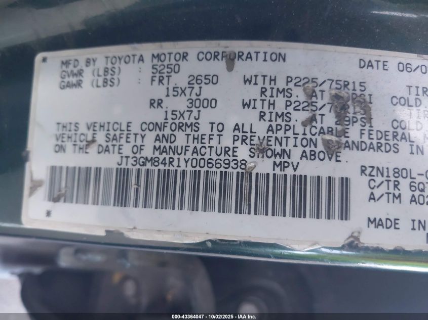 2000 Toyota 4Runner VIN: JT3GM84R1Y0066938 Lot: 43364047
