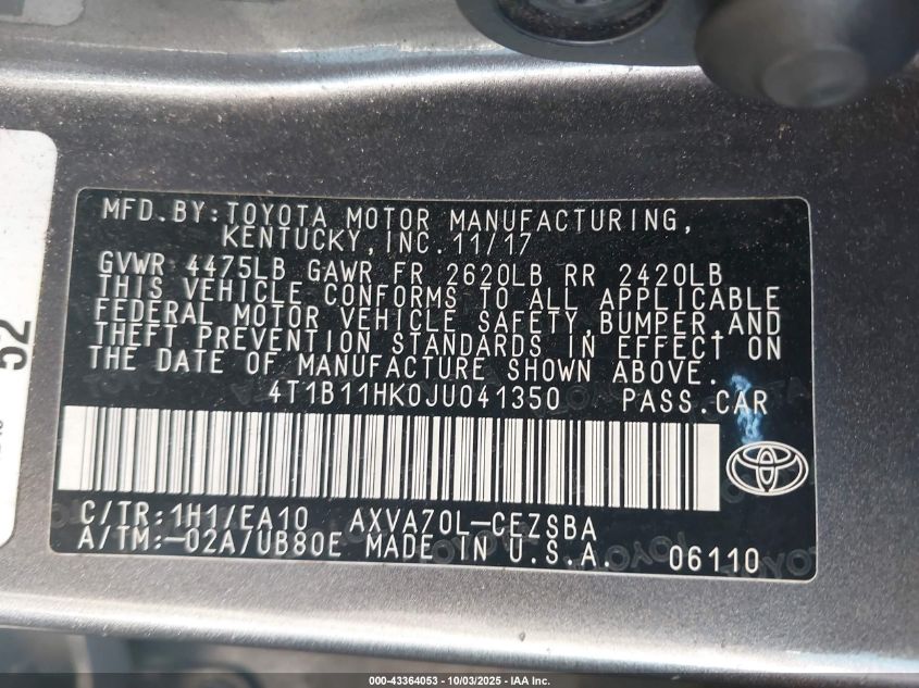 2018 Toyota Camry Se VIN: 4T1B11HK0JU041350 Lot: 43364053