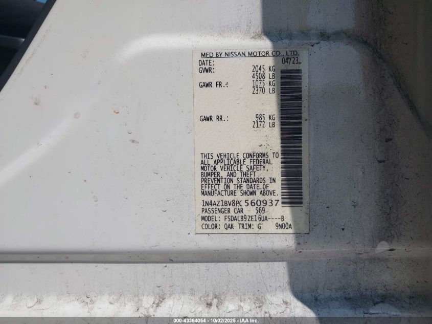 2023 Nissan Leaf S 40 Kwh VIN: 1N4AZ1BV8PC560937 Lot: 43364054