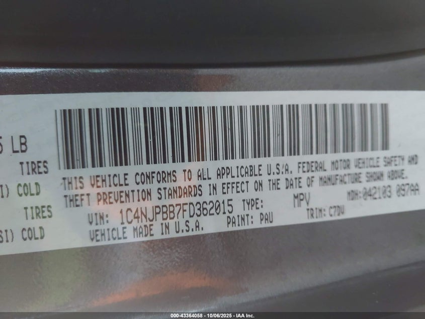 2015 Jeep Patriot Sport VIN: 1C4NJPBB7FD362015 Lot: 43364058