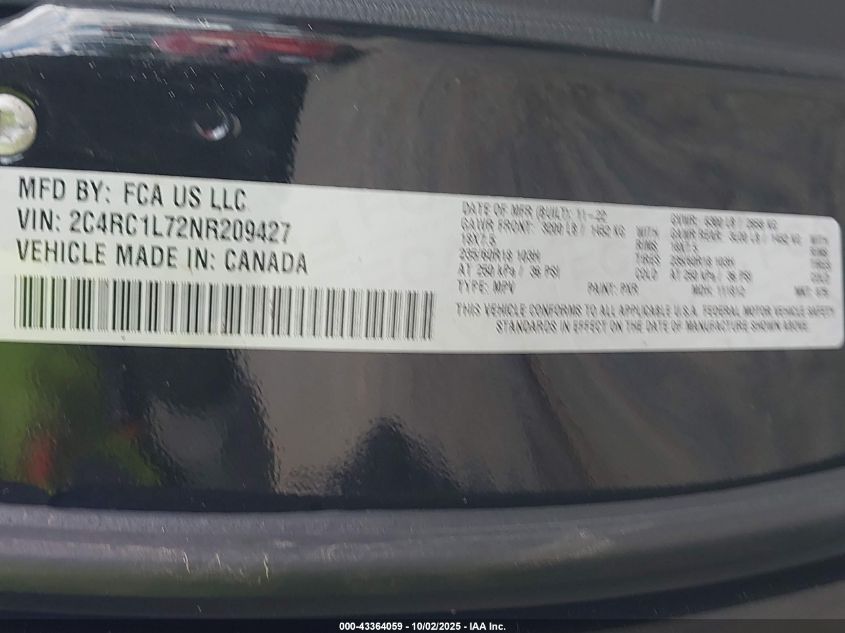 2022 Chrysler Pacifica Hybrid Touring L VIN: 2C4RC1L72NR209427 Lot: 43364059
