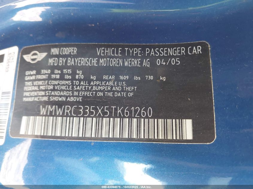 2005 Mini Cooper VIN: WMWRC335X5TK61260 Lot: 43364075
