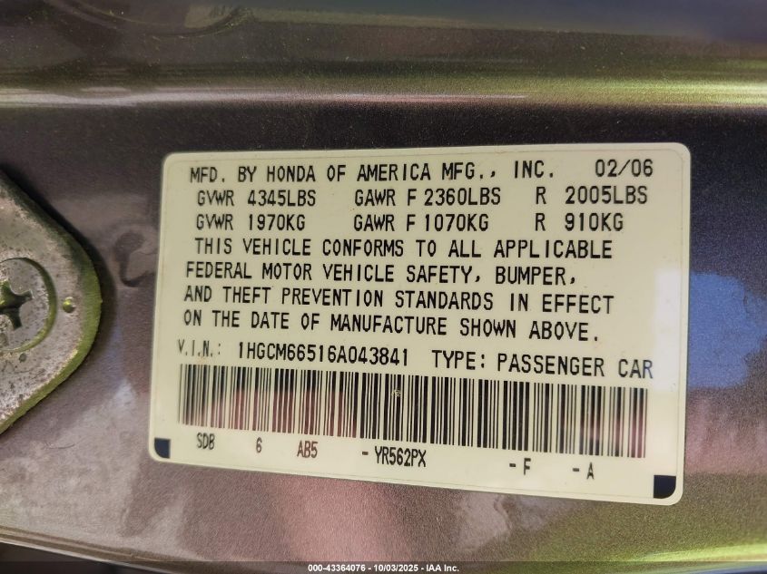 2006 Honda Accord Sdn Ex-L V6 VIN: 1HGCM66516A043841 Lot: 43364076