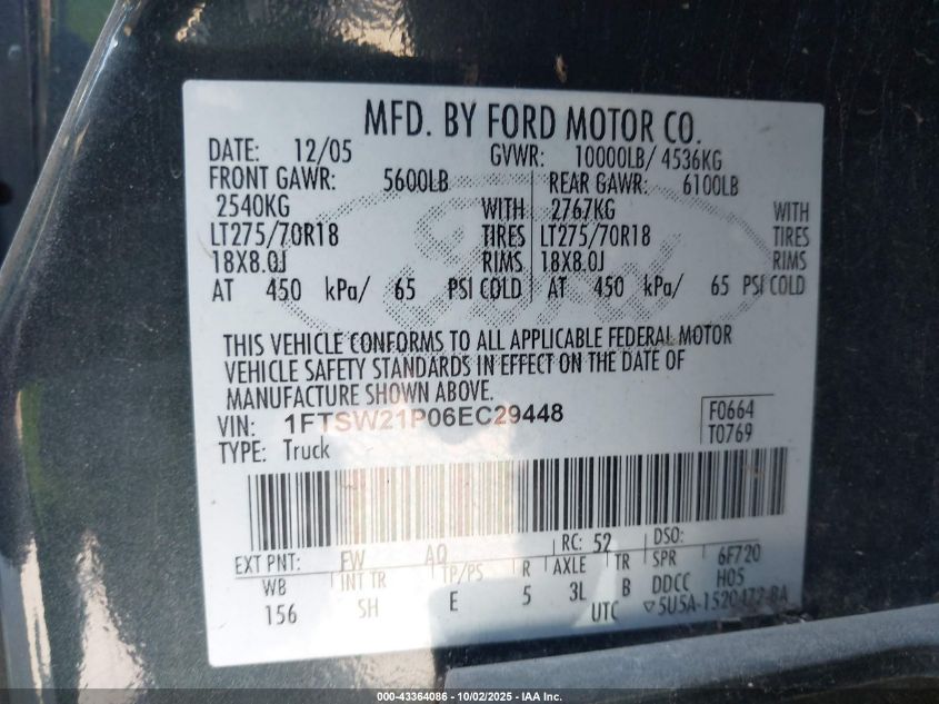 2006 Ford F-250 Lariat/Xl/Xlt VIN: 1FTSW21P06EC29448 Lot: 43364086