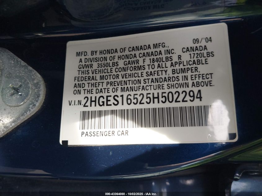 2005 Honda Civic Lx VIN: 2HGES16525H502294 Lot: 43364088