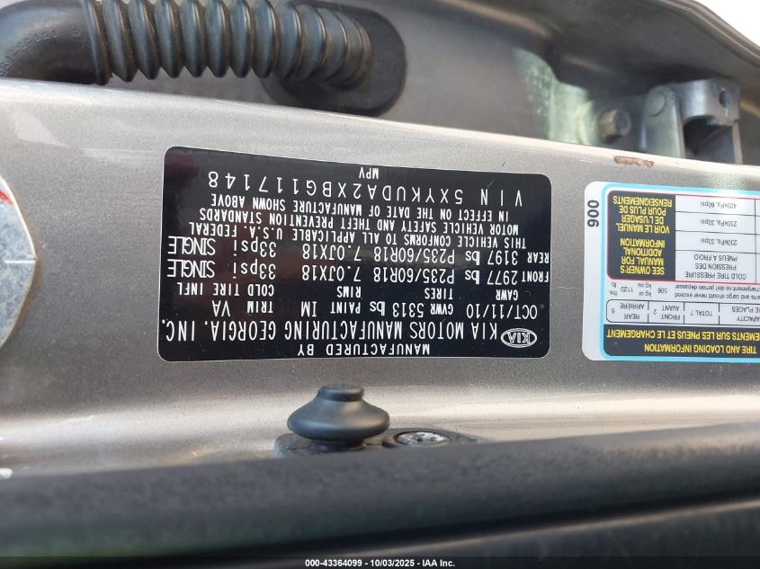 2011 Kia Sorento Ex V6 VIN: 5XYKUDA2XBG117148 Lot: 43364099