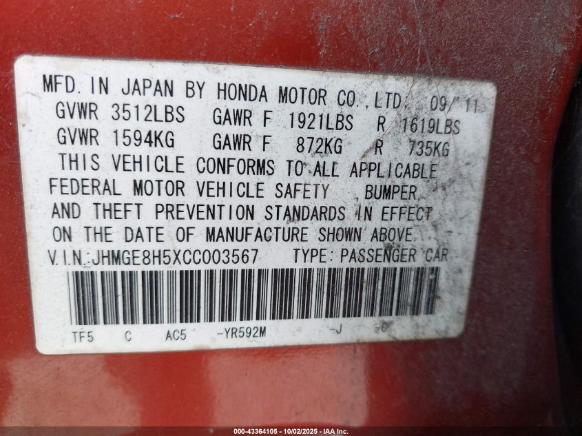 2012 Honda Fit Sport VIN: JHMGE8H5XCC003567 Lot: 43364105