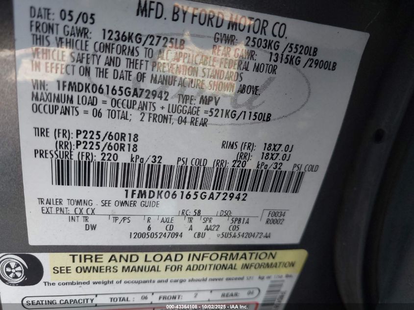 2005 Ford Freestyle Limited VIN: 1FMDK06165GA72942 Lot: 43364108