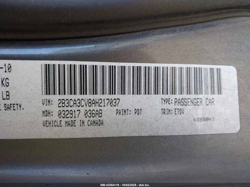 2010 Dodge Charger Sxt VIN: 2B3CA3CV8AH217037 Lot: 43364119