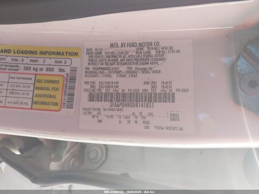 2013 Ford Fusion Se VIN: 3FA6P0HR0DR141851 Lot: 43364122