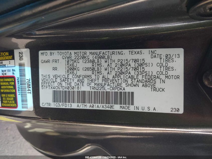 2013 Toyota Tacoma VIN: 5TFTX4CN7DX030181 Lot: 43364125