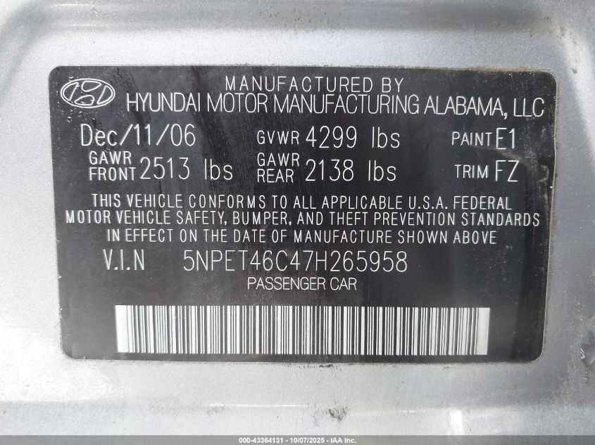 2007 Hyundai Sonata Gls VIN: 5NPET46C47H265958 Lot: 43364131