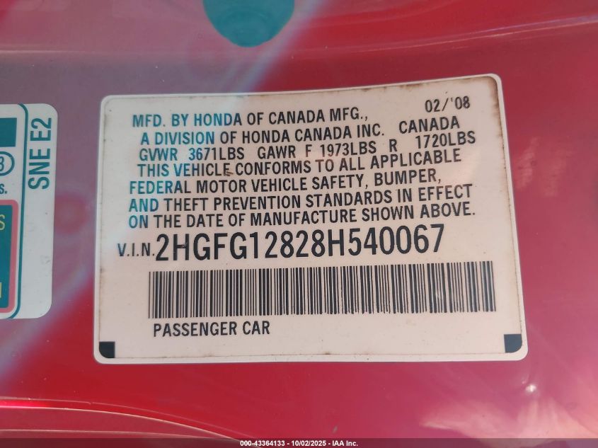 2008 Honda Civic Ex VIN: 2HGFG12828H540067 Lot: 43364133