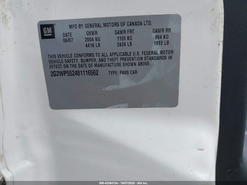 2008 Pontiac Grand Prix VIN: 2G2WP552481116562 Lot: 43364134