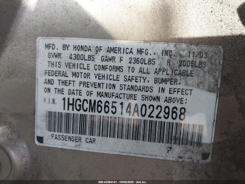 2004 Honda Accord 3.0 Ex VIN: 1HGCM66514A022968 Lot: 43364141
