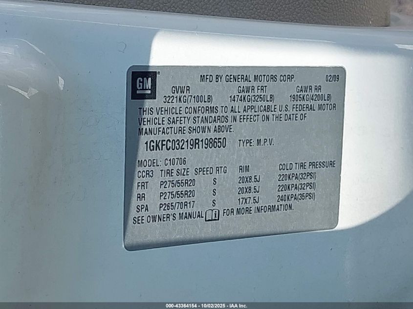 2009 GMC Yukon Denali VIN: 1GKFC03219R198650 Lot: 43364154