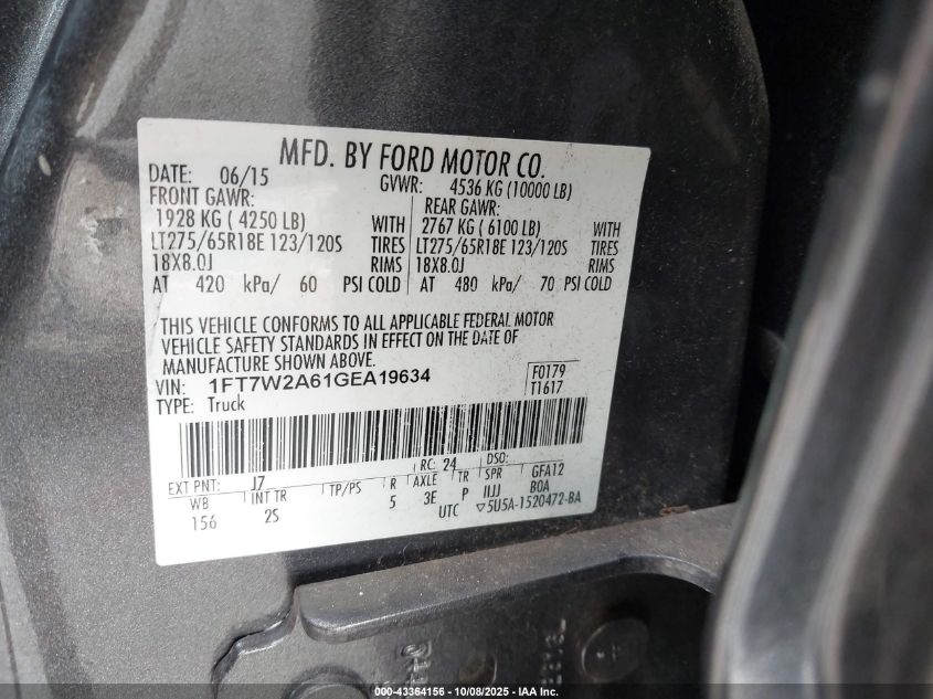 2016 Ford F-250 Xlt VIN: 1FT7W2A61GEA19634 Lot: 43364156