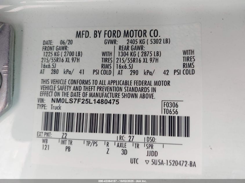 2020 Ford Transit Connect Xlt VIN: NM0LS7F25L1480475 Lot: 43364157