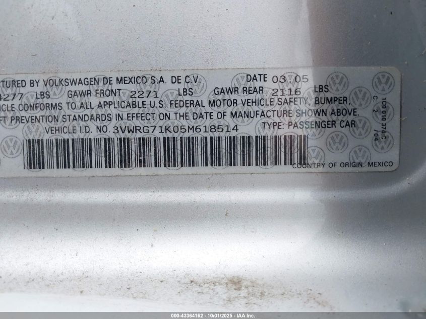 2005 Volkswagen Jetta 2.5 VIN: 3VWRG71K05M618514 Lot: 43364162