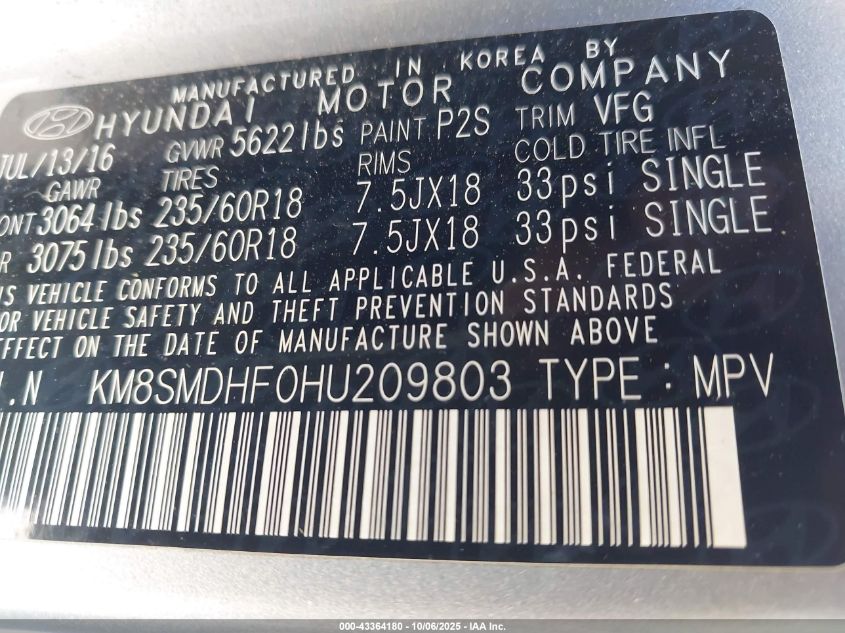 2017 Hyundai Santa Fe Se VIN: KM8SMDHF0HU209803 Lot: 43364180