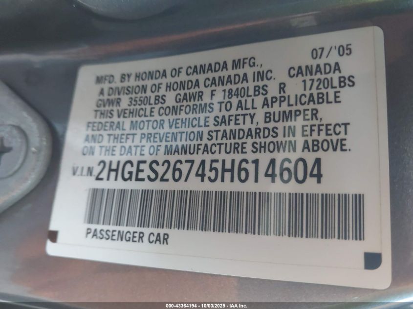 2005 Honda Civic Ex VIN: 2HGES26745H614604 Lot: 43364194