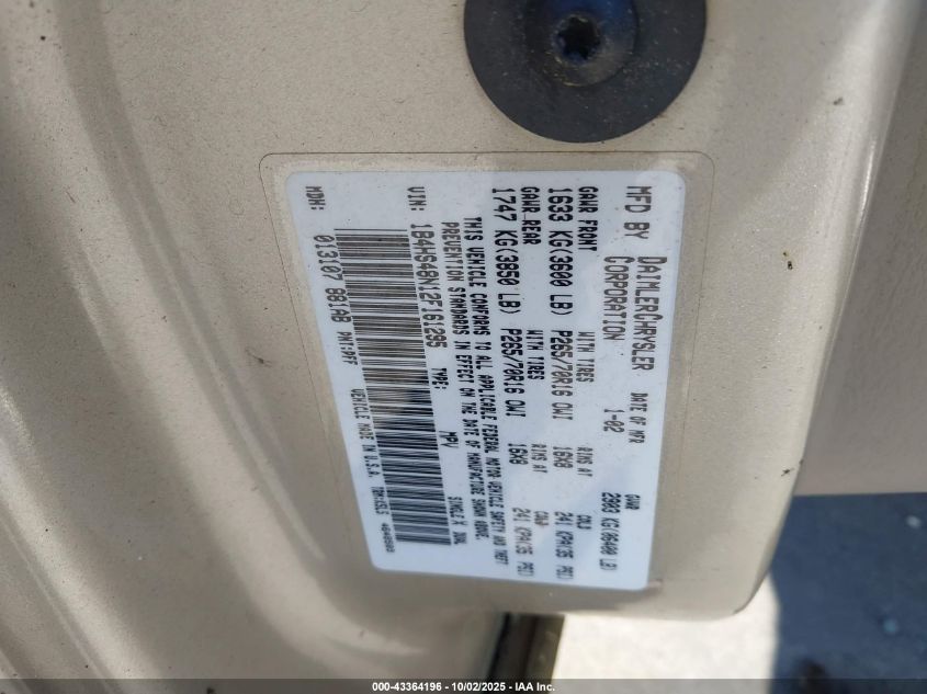 2002 Dodge Durango Slt VIN: 1B4HS48N12F161295 Lot: 43364196