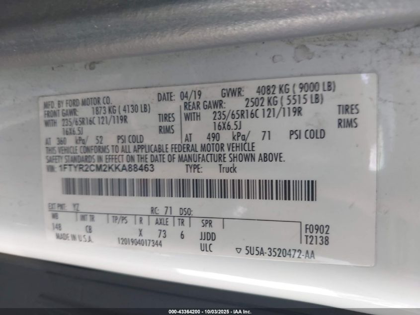 2019 Ford Transit-250 VIN: 1FTYR2CM2KKA88463 Lot: 43364200