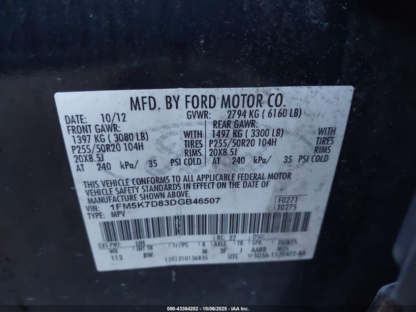 2013 Ford Explorer Xlt VIN: 1FM5K7D83DGB46507 Lot: 43364202