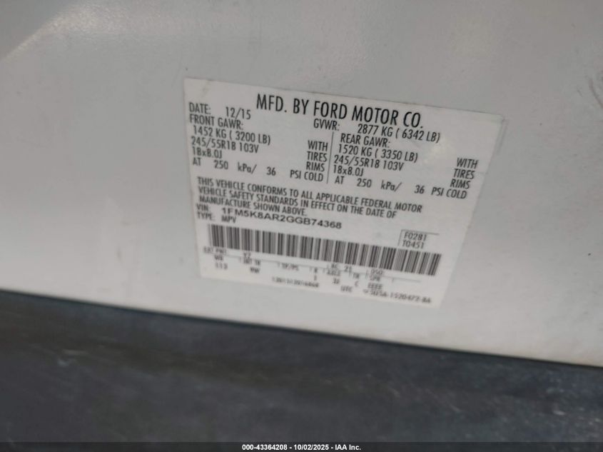 2016 Ford Police Interceptor VIN: 1FM5K8AR2GGB74368 Lot: 43364208