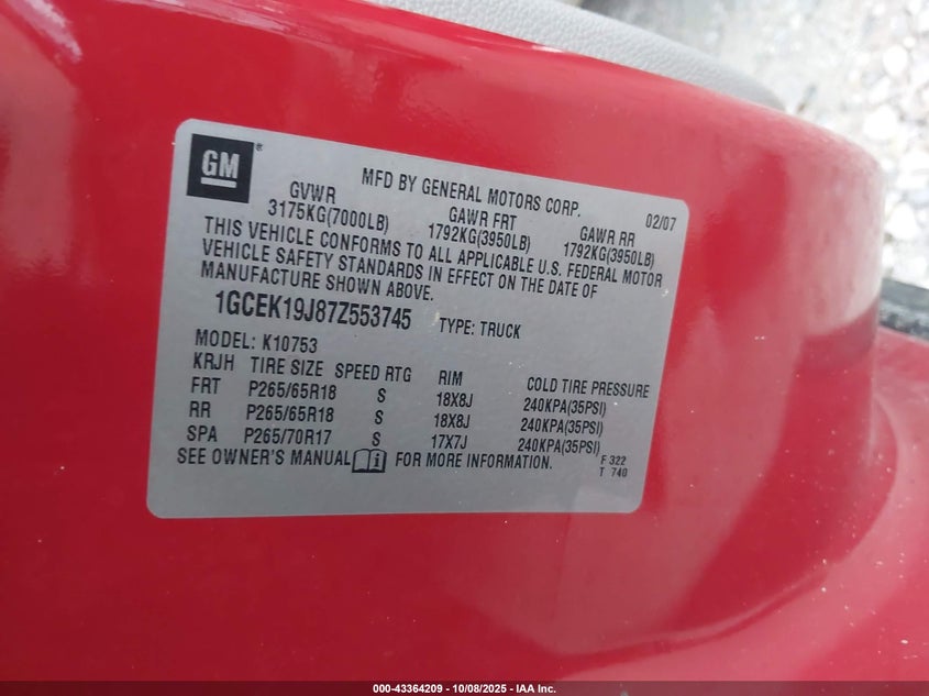 2007 Chevrolet Silverado 1500 Ltz VIN: 1GCEK19J87Z553745 Lot: 43364209