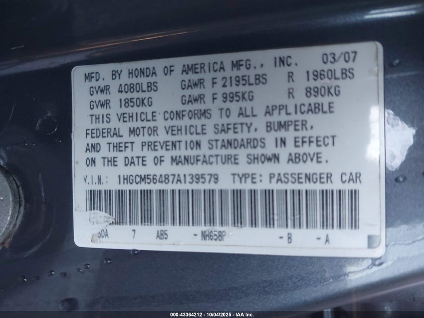1HGCM56487A139579 2007 HONDA ACCORD photo no. 9