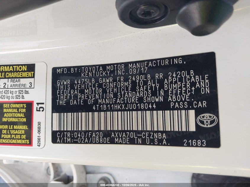 2018 Toyota Camry Le VIN: 4T1B11HKXJU018044 Lot: 43364230
