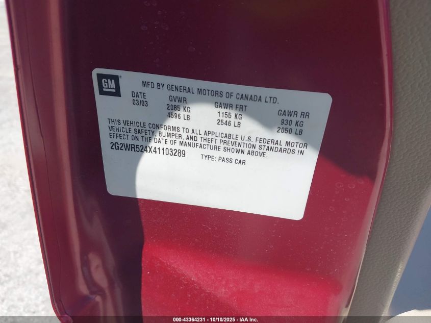 2004 Pontiac Grand Prix Gtp VIN: 2G2WR524X41103289 Lot: 43364231