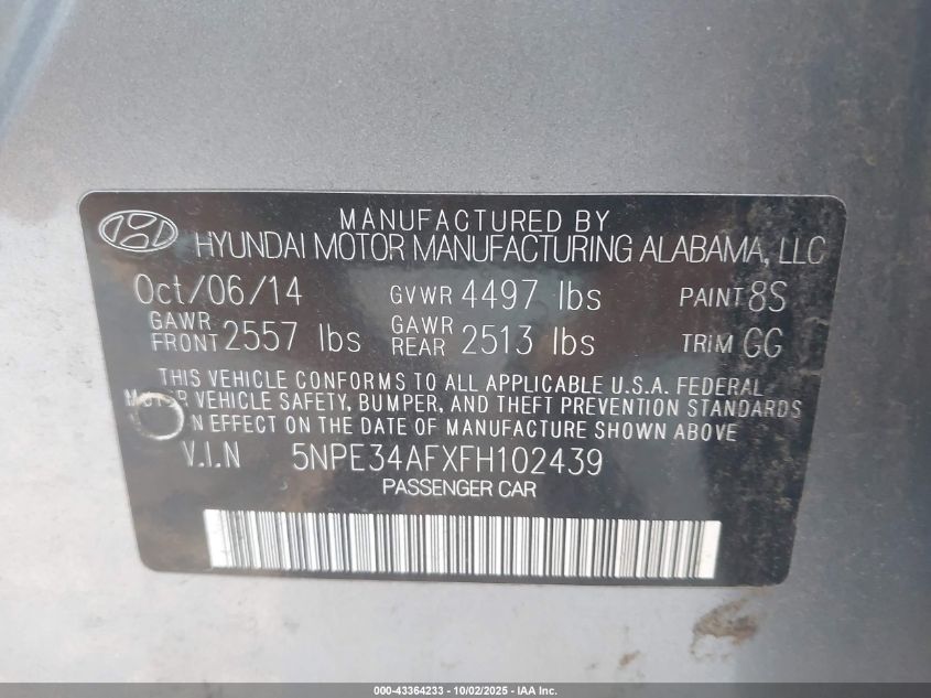 2015 Hyundai Sonata Sport VIN: 5NPE34AFXFH050925 Lot: 43364233