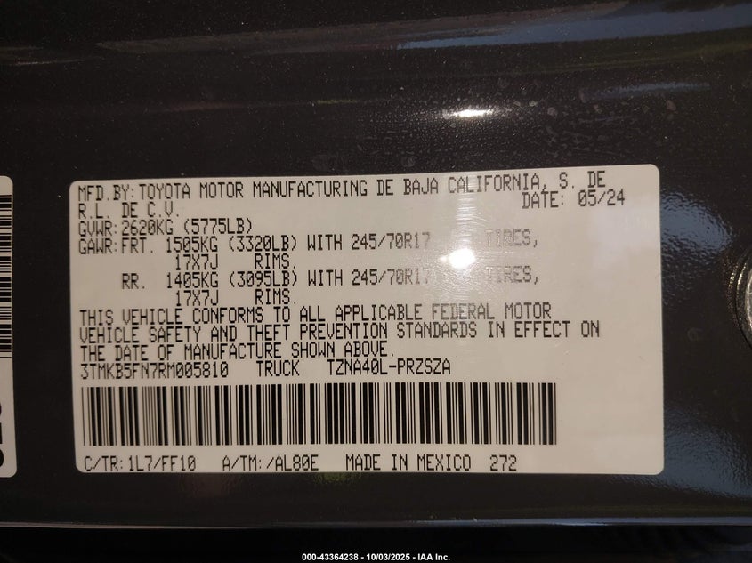 2024 TOYOTA TACOMA SR5 2WD 3TMKB5FN7RM005810