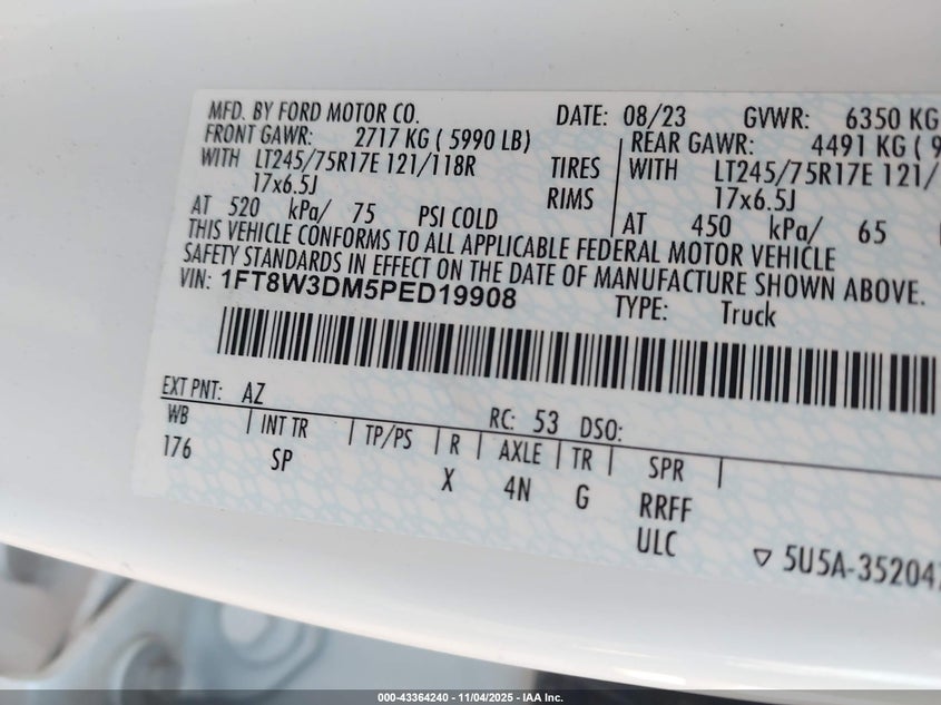 2023 Ford F-350 King Ranch VIN: 1FT8W3DM5PED19908 Lot: 43364240