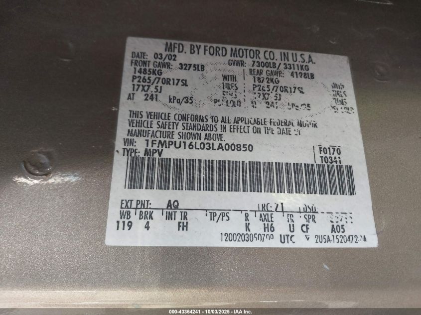 2003 Ford Expedition Xlt VIN: 1FMPU16L03LA00850 Lot: 43364241