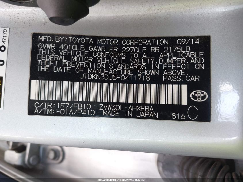 2015 Toyota Prius Two VIN: JTDKN3DU5F0411718 Lot: 43364243