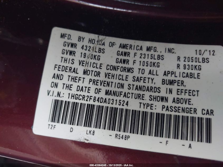 2013 Honda Accord Ex-L VIN: 1HGCR2F84DA031524 Lot: 43364245