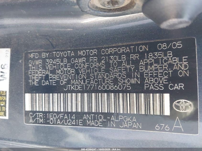 2006 Scion Tc VIN: JTKDE177160086075 Lot: 43364247