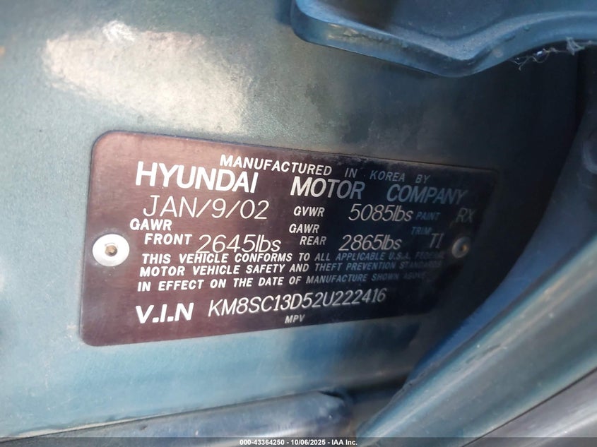 2002 Hyundai Santa Fe Gls/Lx VIN: KM8SC13D52U222416 Lot: 43364250