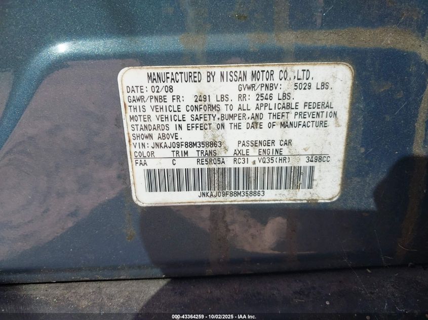 2008 Infiniti Ex35 Journey VIN: JNKAJ09F88M358863 Lot: 43364259