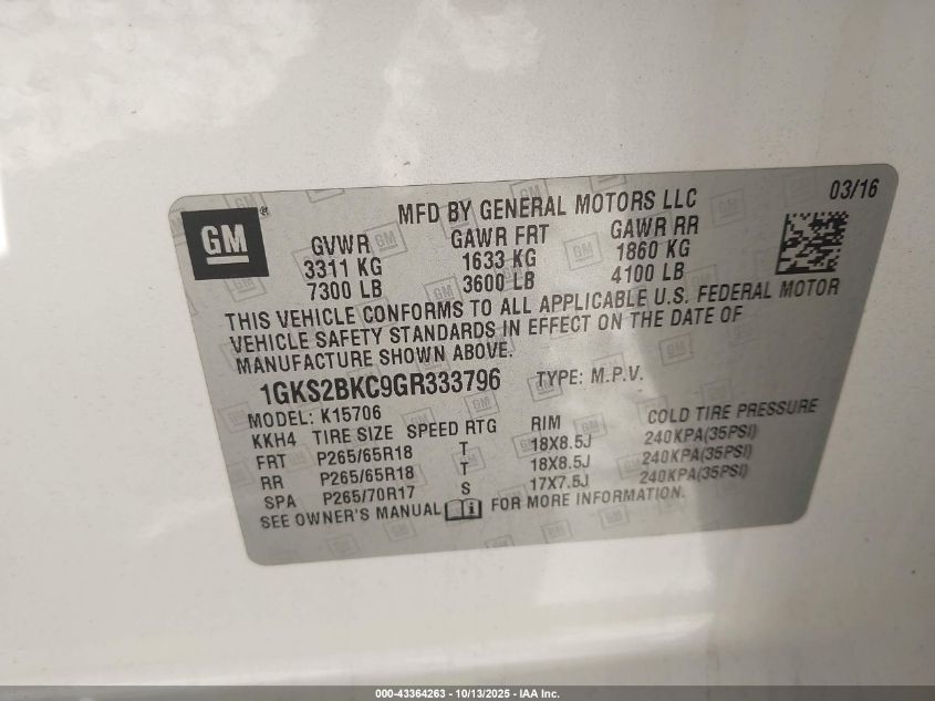 2016 GMC Yukon Slt VIN: 1GKS2BKC9GR333796 Lot: 43364263