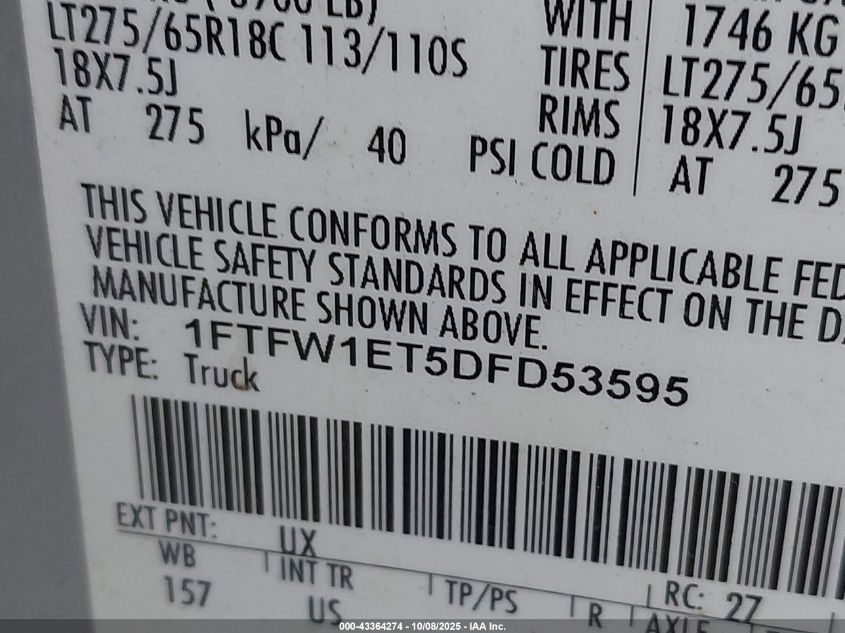 2013 Ford F-150 Xlt VIN: 1FTFW1ET5DFD53595 Lot: 43364274