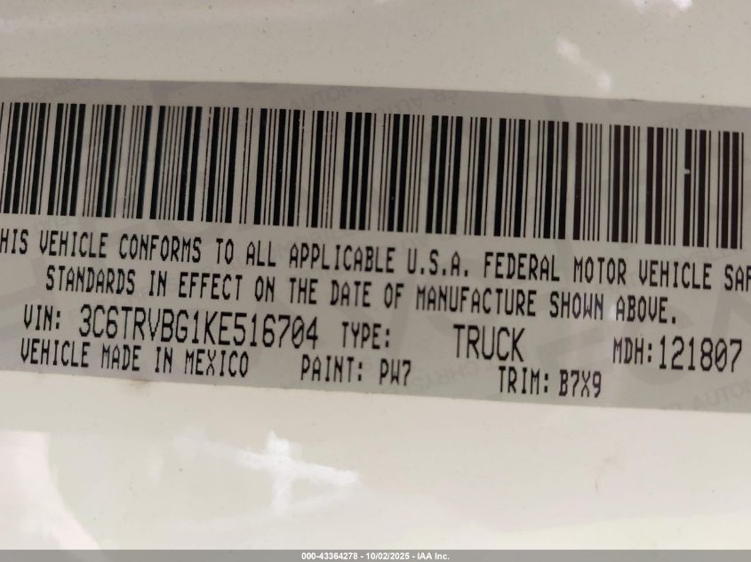 2019 RAM PROMASTER 1500 HIGH ROOF 136 WB - 3C6TRVBG1KE516704