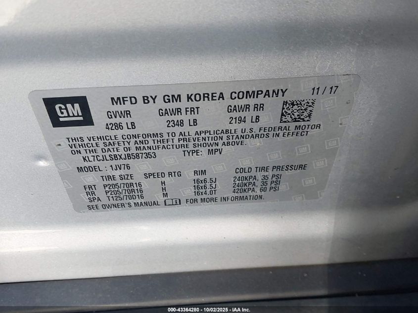 2018 Chevrolet Trax Lt VIN: KL7CJLSBXJB587353 Lot: 43364280