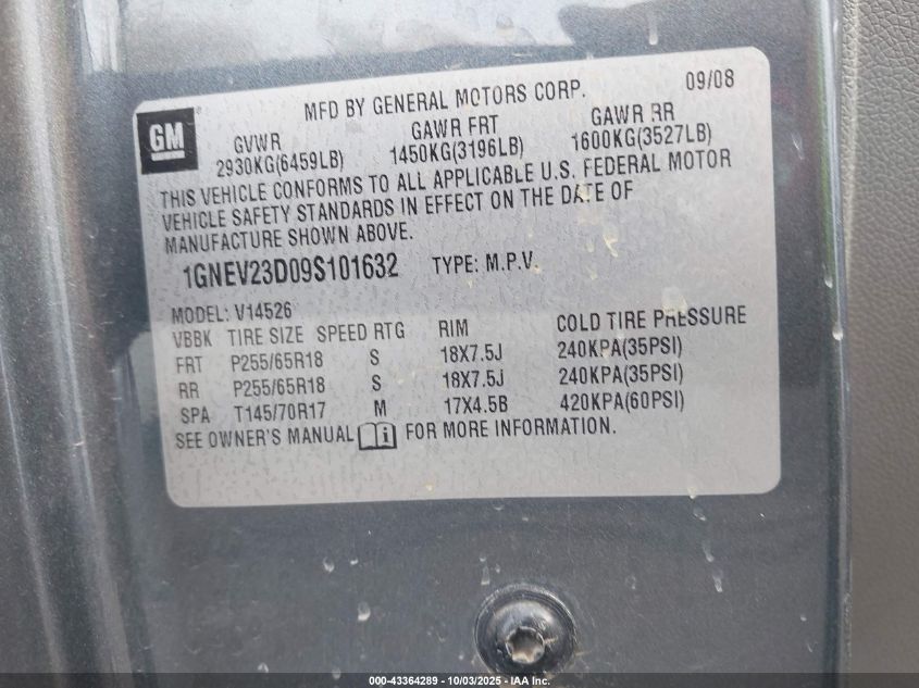 2009 Chevrolet Traverse Lt VIN: 1GNEV23D09S101632 Lot: 43364289