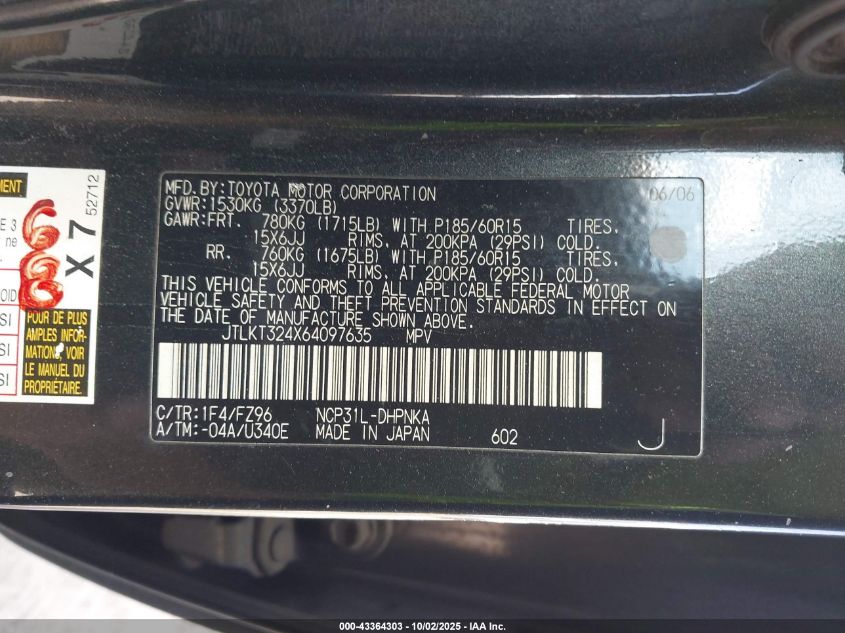 2006 Scion Xb VIN: JTLKT324X64097635 Lot: 43364303